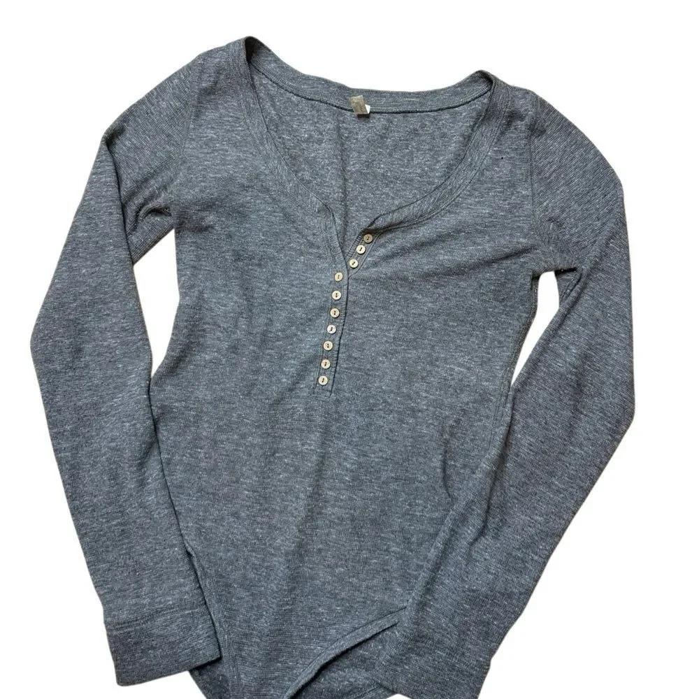 Free People Women's Medium Dylan Waffle Thermal Bodysuit Button Gray